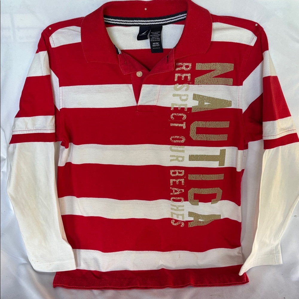 GENTLY WORN NAUTICA BOYS’ STRIPPED LONG SLEEVE POLO - MEDIUM - 10-12 - Picture 3 of 9